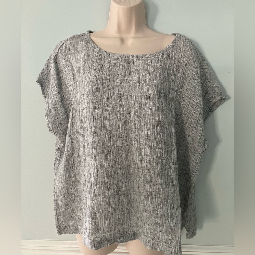 Tahari 100% linen top blouse Beachy button back Lagenlook minimalist boxy M